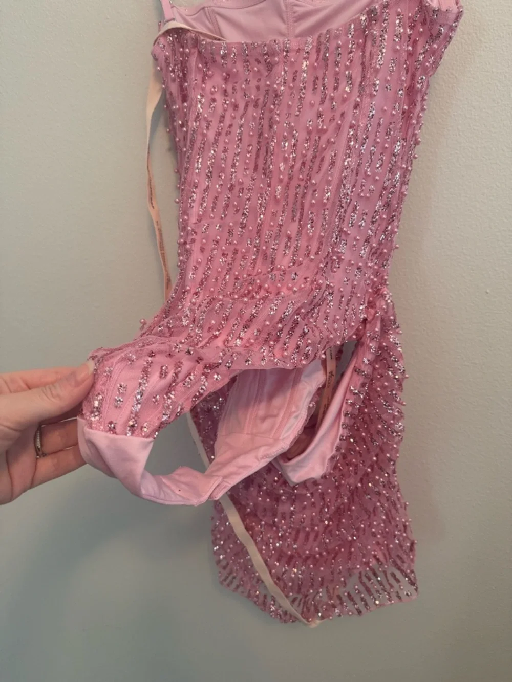 NEW Oh Polly Pink Ziya Embellished Glitter Beaded Strapless Mini Dress barbie - Picture 9 of 12